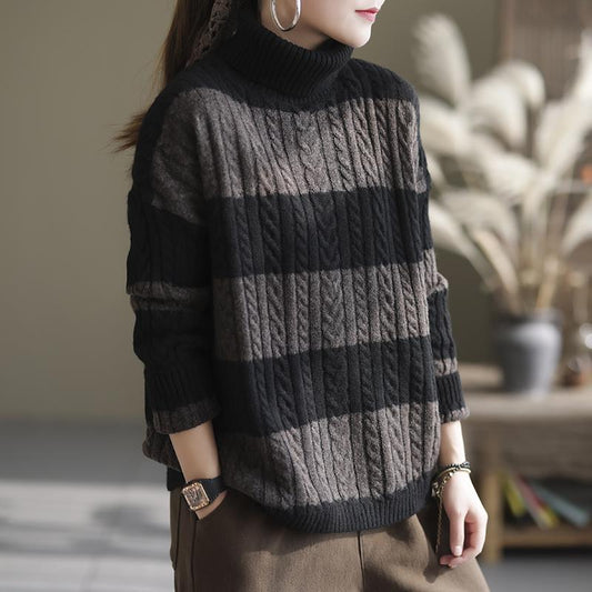 Winter Thick Stripe Turtleneck Loose Retro Sweater