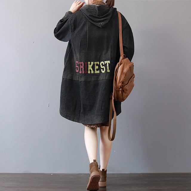 New dark gray denim coats trendy plus size hooded trench coat fine low high design coat