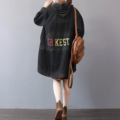 New dark gray denim coats trendy plus size hooded trench coat fine low high design coat