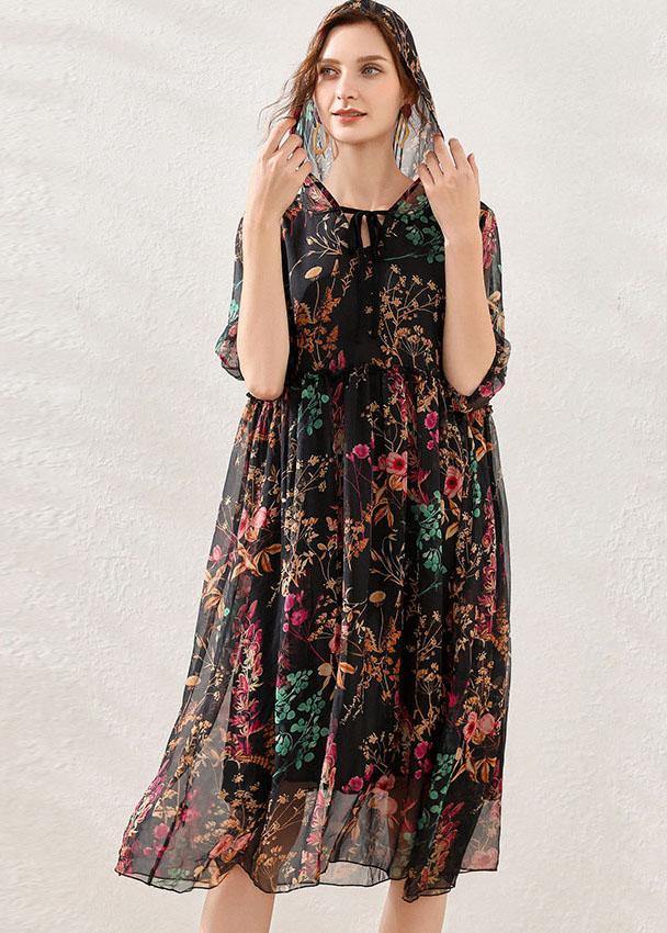 Boho Pink Cinched Print Summer Chiffon Mid Dress Half Sleeve