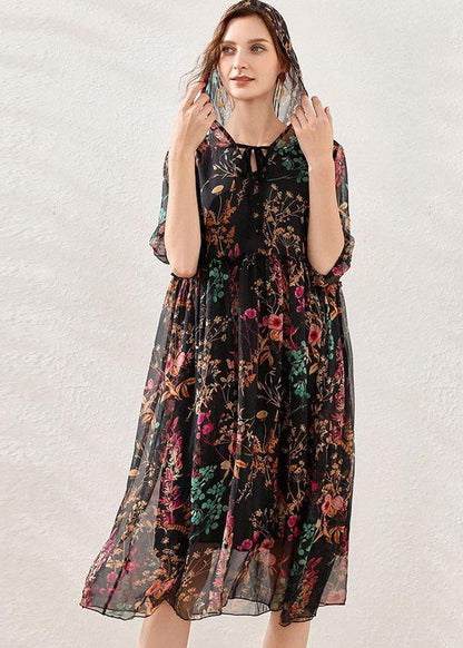 Boho Pink Cinched Print Summer Chiffon Mid Dress Half Sleeve