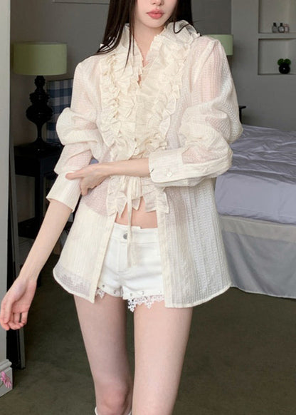Beige Tie Waist Solid Top Ruffled Long Sleeve