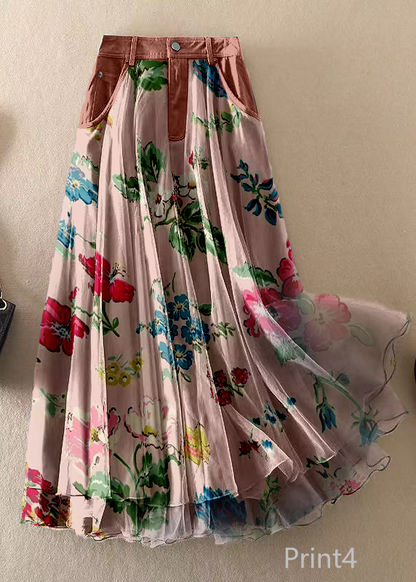 Natural Print5 high waist Patchwork Tulle Skirts Spring
