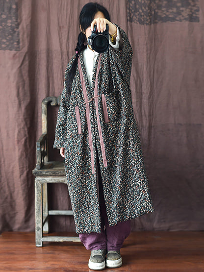 Women Vintage Winter Warm Floral Pocket Print Coat