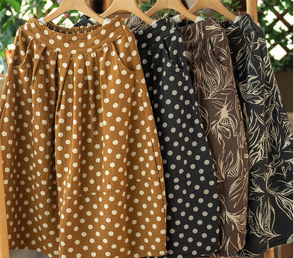 Vintage Printed Cotton And Linen Slim Elastic Waist A-Line Skirt