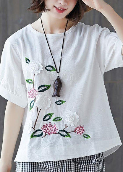 Loose White Embroideried Floral Cotton Linen Tees Summer