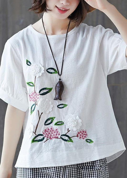 Loose White Embroideried Floral Cotton Linen Tees Summer