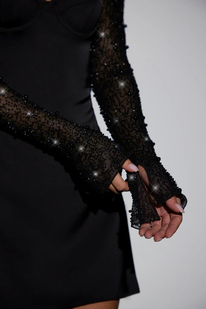 Kateproms Long Sleeve Embellished A-Line Mini Dress In Black