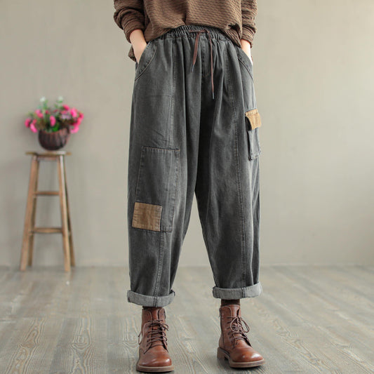 Autumn Retro Patchwork Loose Cotton Harem Jeans