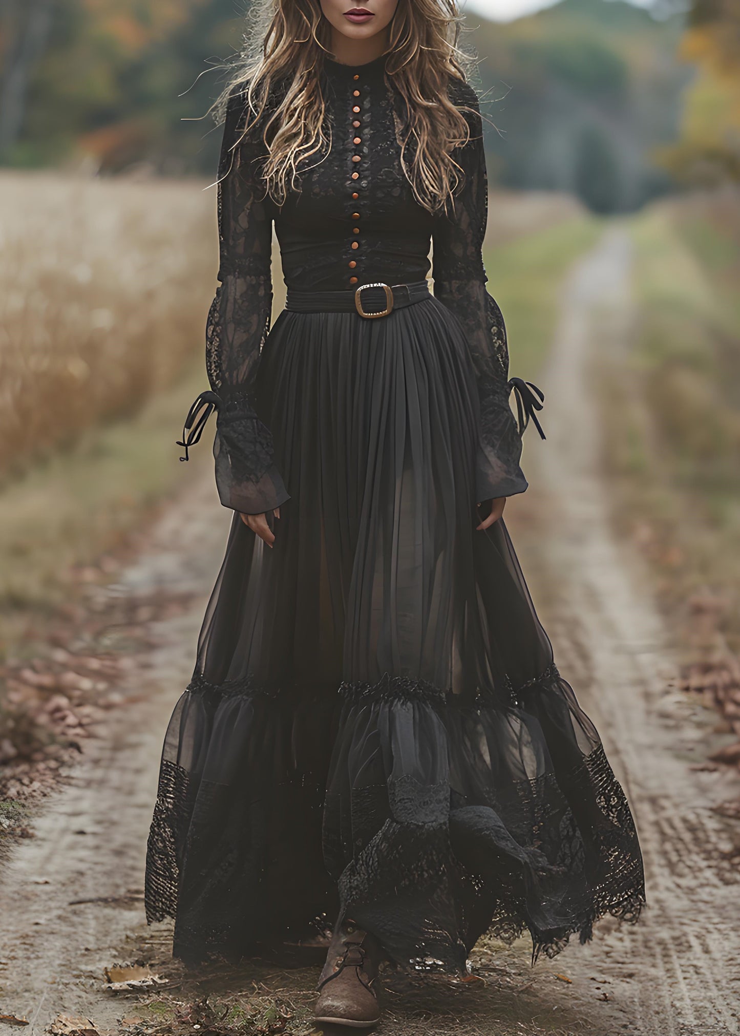 Bohemian Black Lace Patchwork Wrinkled Cotton Maxi Dresses Spring