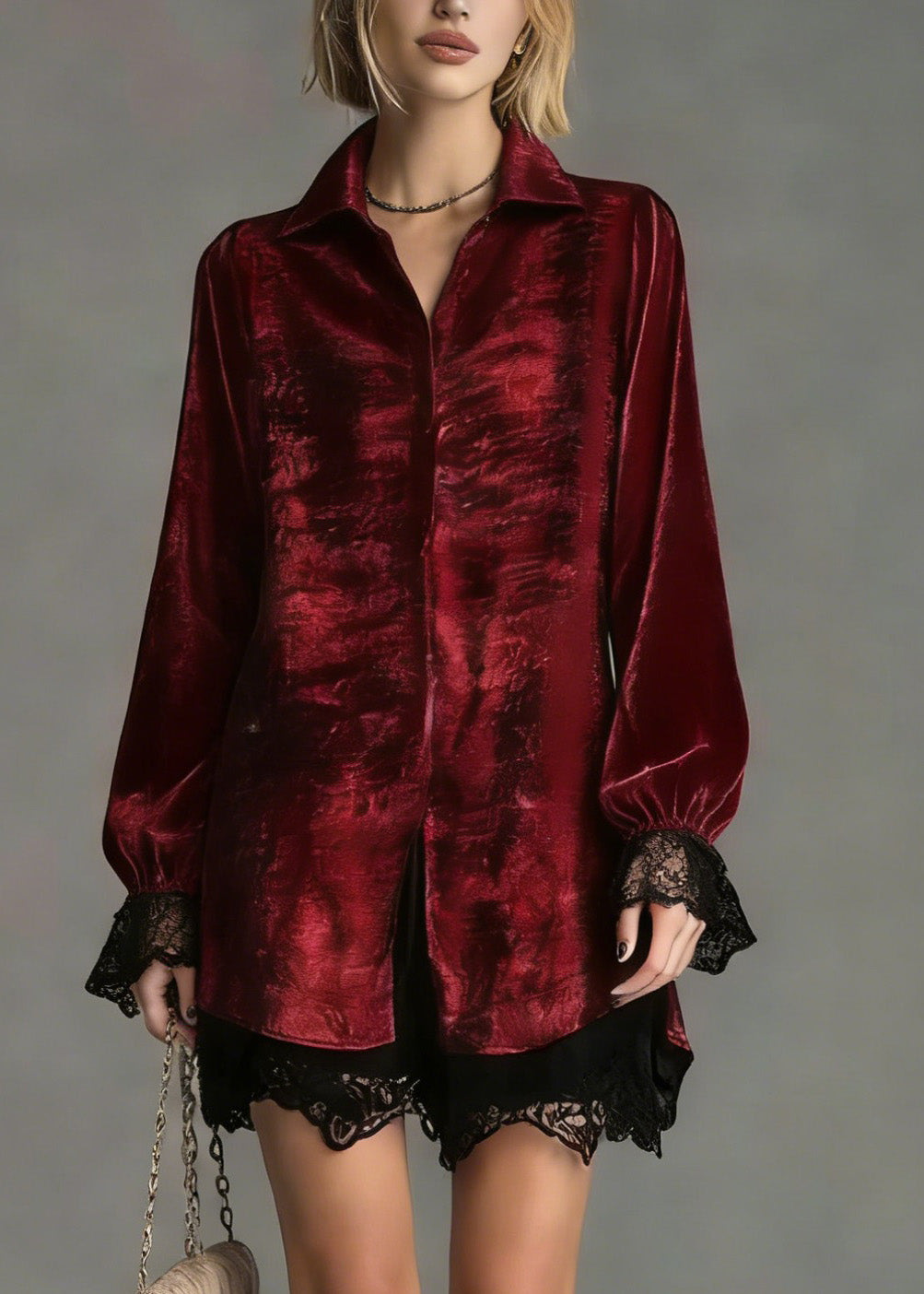 Fashion Red Peter Pan Collar Lace Patchwork Silk Shirt Top Spring