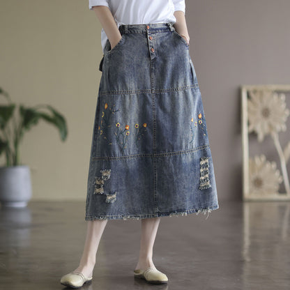 Vintage Denim Shredded Embroidered A-Line Skirt
