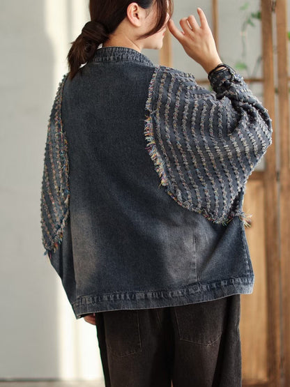 Women Spring Casual Patchwork Frog Burrs Denim Coat