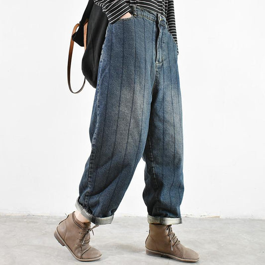 Winter Oversized Cotton Elastic Waist Plush Jeans