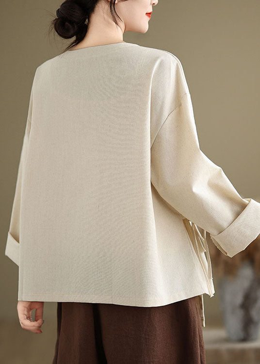 Vintage Beige O Neck Lace Up Patchwork Cotton Blouse Top Spring