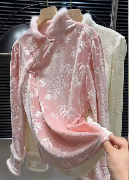 Vintage Pink Jacquard Silk Velour Shirt Top Winter