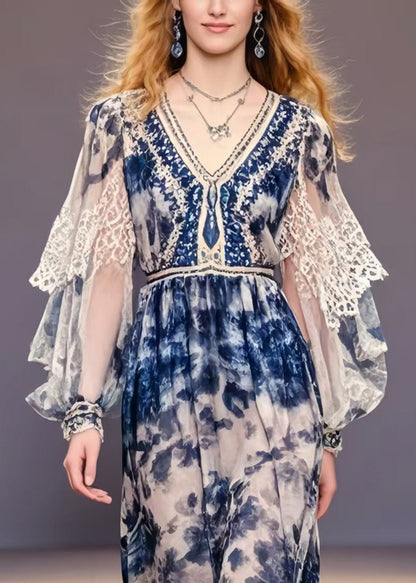 Elegant Navy Print Chiffon Party Dress Lantern Sleeve