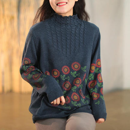 Retro Cotton Flower Printed Loose Sweater