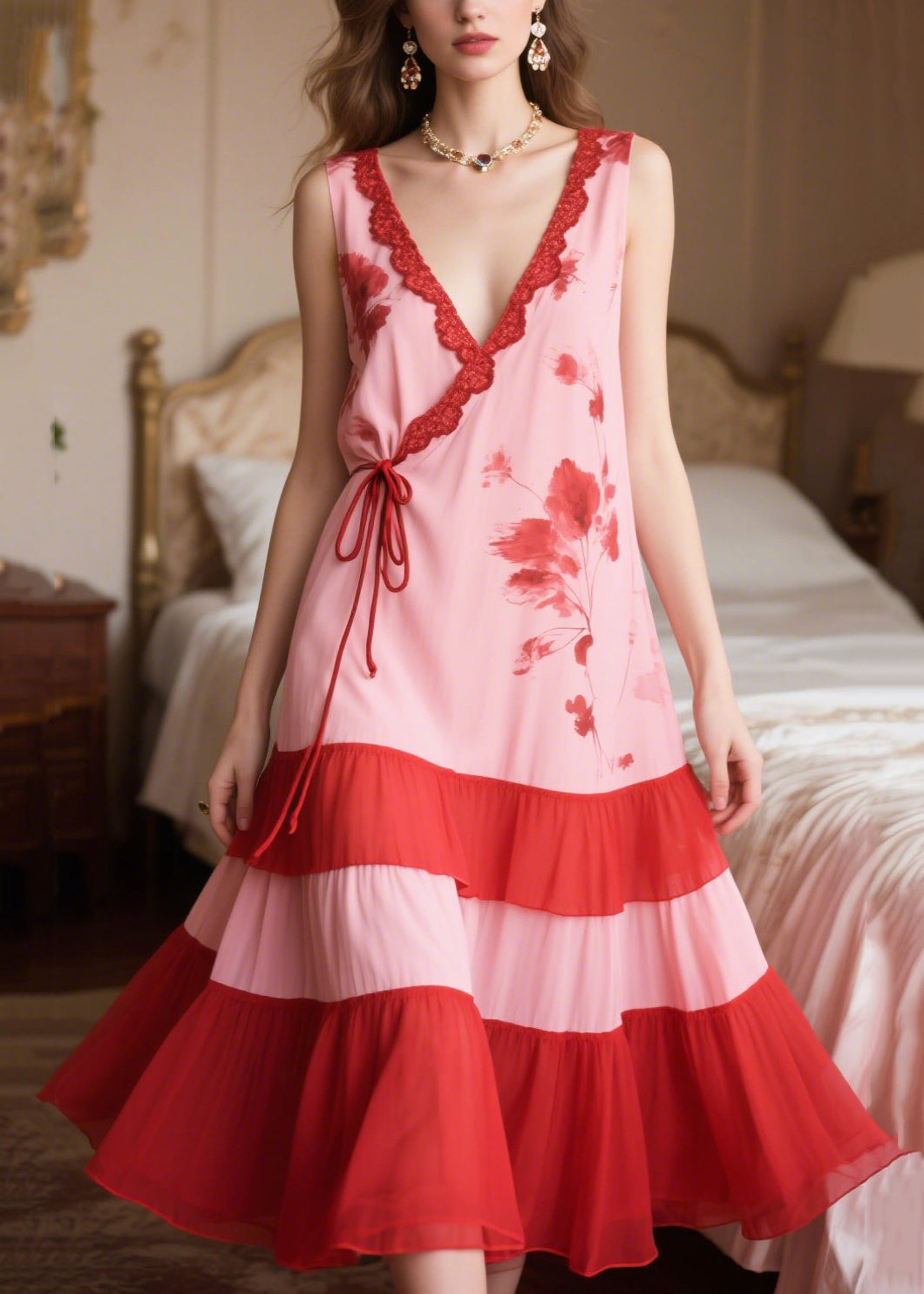 Women Pink Patchwork Tie Waist Chiffon Maxi Dresses Sleeveless