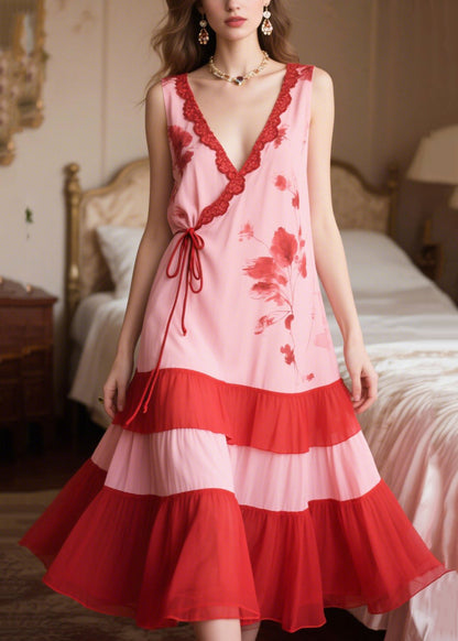 Women Pink Patchwork Tie Waist Chiffon Maxi Dresses Sleeveless