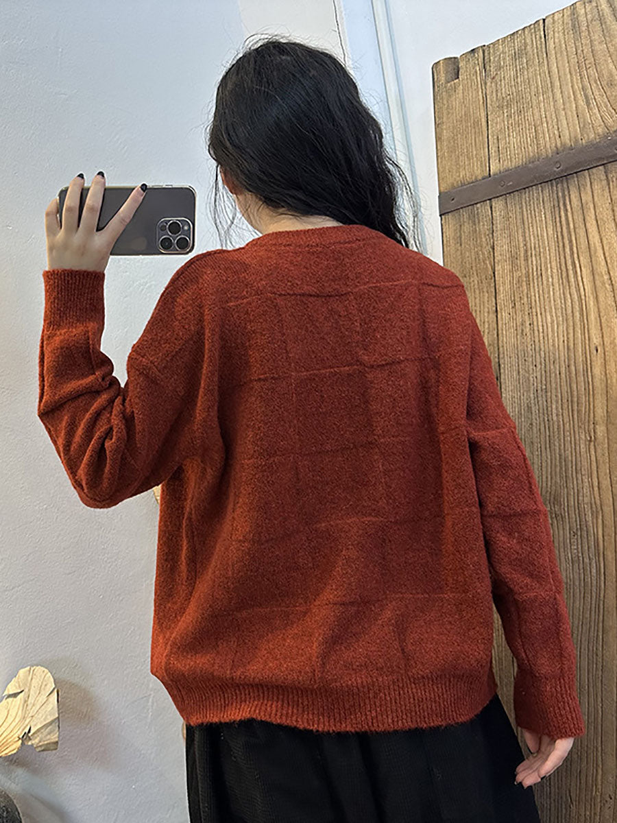 Women Winter Artsy Plaid Knitted Solid Warm Sweater