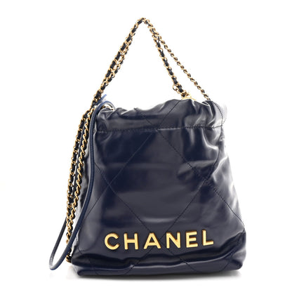 Shiny Calfskin Quilted Mini Chanel 22 Navy Blue