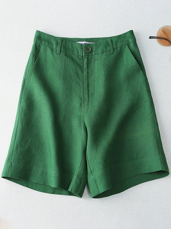 Solid Color Mid-waistline Casual Linen Wide Leg Shorts