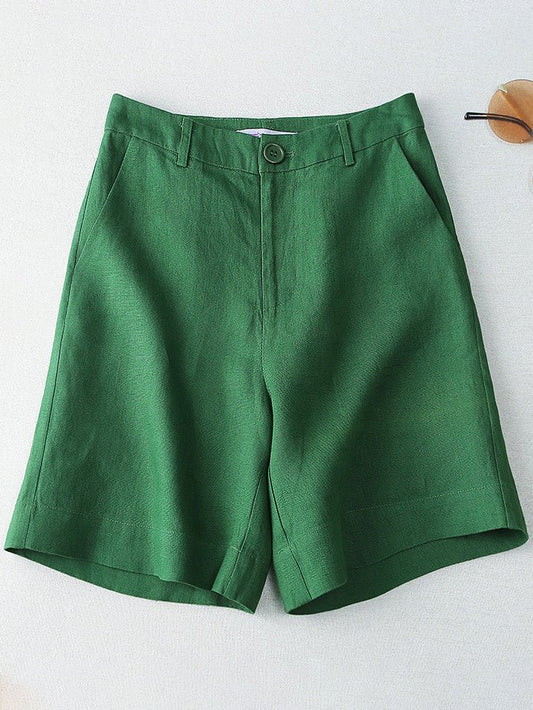 Solid Color Mid-waistline Casual Linen Wide Leg Shorts