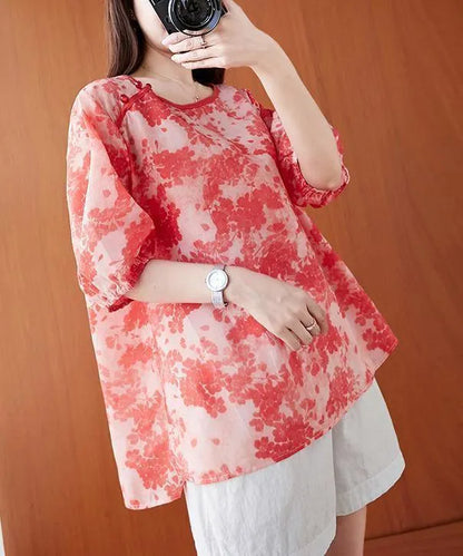 Women o neck lantern sleeve summer Tops red print shirts