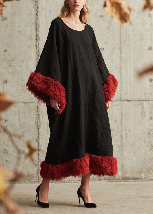 Plus Size Black Oversized Patchwork Faux Fur Ankle Dress Fall