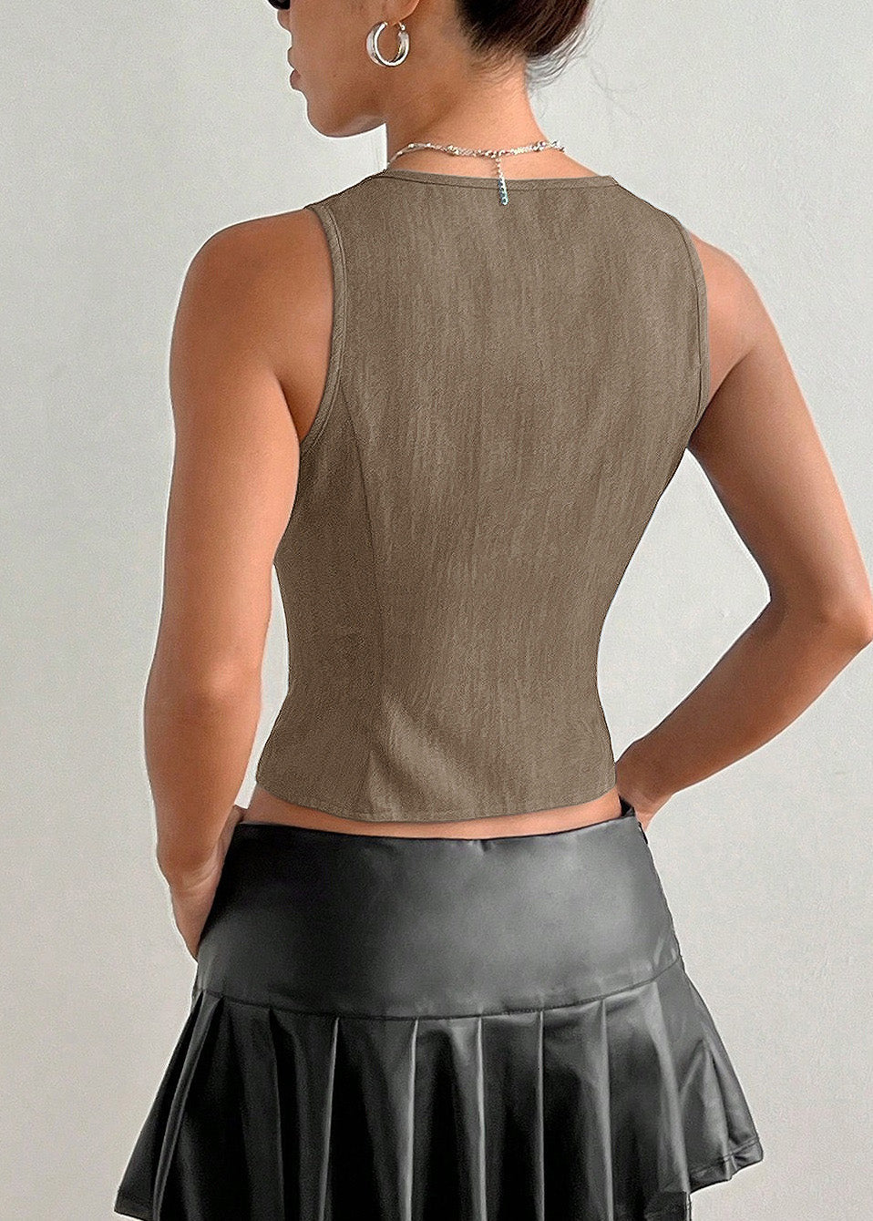 Fashion Khaki V Neck Lace Up Cotton Blouse Top Sleeveless