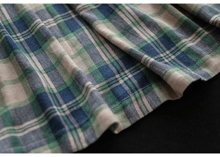 Vintage Cotton and Linen Check Elastic High Waist Plus Size A-Line Skirt