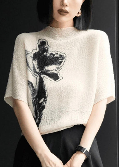 Women Beige Print Wrinkled Cotton T Shirts Batwing Sleeve