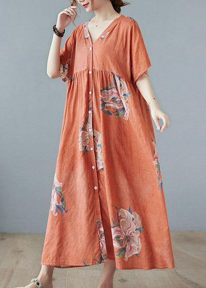 Chic Orange Red V Neck Patchwork Summer Ankle Dress Half Sleeve
