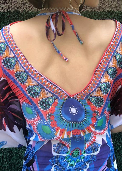 Comfy Print Backless Chiffon tie Beach Gown Summer Dress