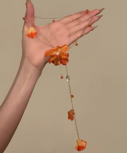 Beach Orange Alloy Floral Tassel Pendant Necklace