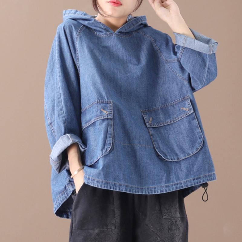Plus Size - Loose Solid Color Drawstring Denim Hoodie