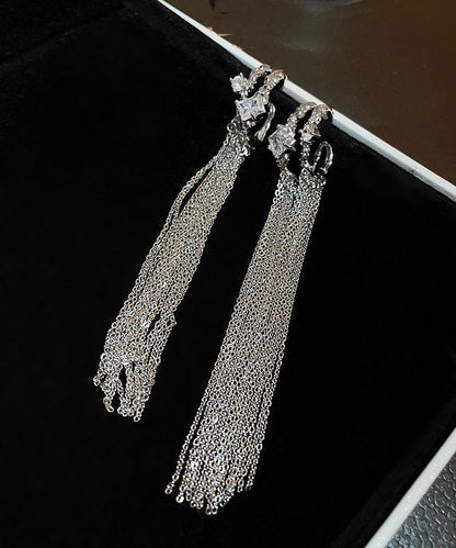 New Silk Copper Zircon Wrinkled C-Shape Double-Layer Tassel Drop Earrings