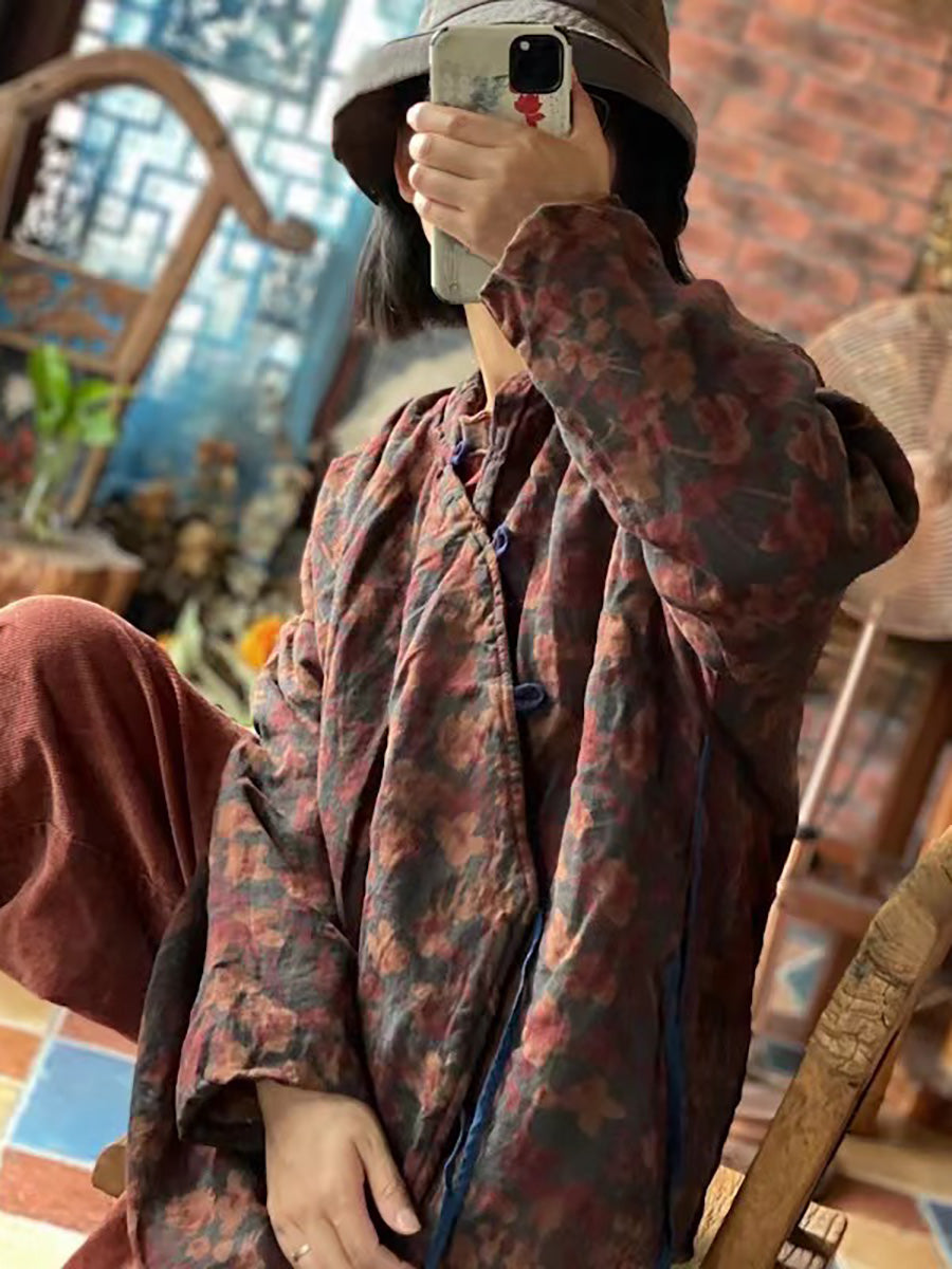 Women Stand Collar Print Pure Linen Vintage Loose Padded Coat