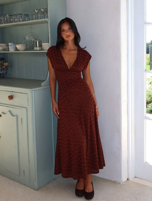 Caramel Floral Print V-Neck Cap Sleeve Ruched Waist Fitted Midi Dress