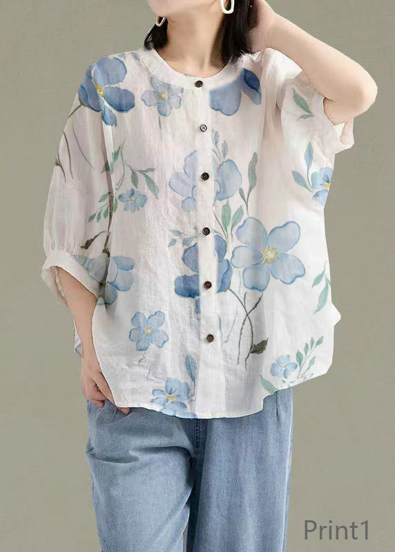Art Print4 O-Neck Button Linen Loose Shirt Top Lantern Sleeve