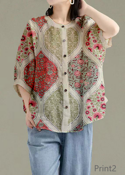 Art Print1 O-Neck Button Linen Loose Shirt Top Lantern Sleeve