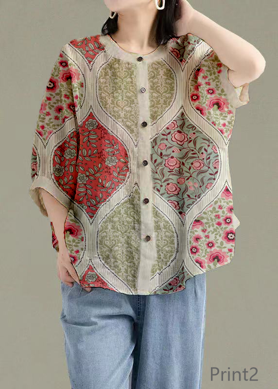 Art Print3 O-Neck Button Linen Loose Shirt Top Lantern Sleeve