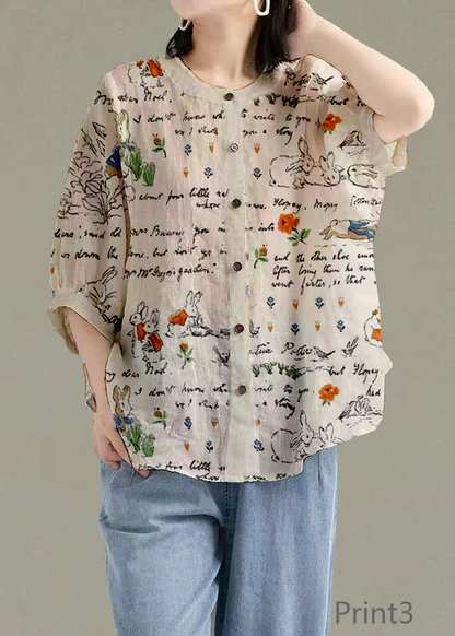 Art Print2 O-Neck Button Linen Loose Shirt Top Lantern Sleeve