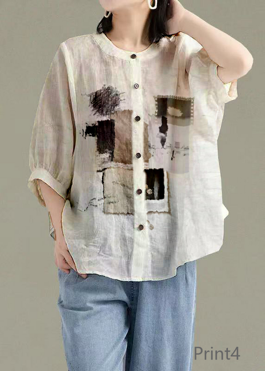 Art Print4 O-Neck Button Linen Loose Shirt Top Lantern Sleeve