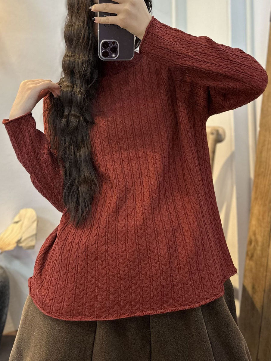 Women Casual Stripe 3D Knitted Solid Turtleneck Sweater