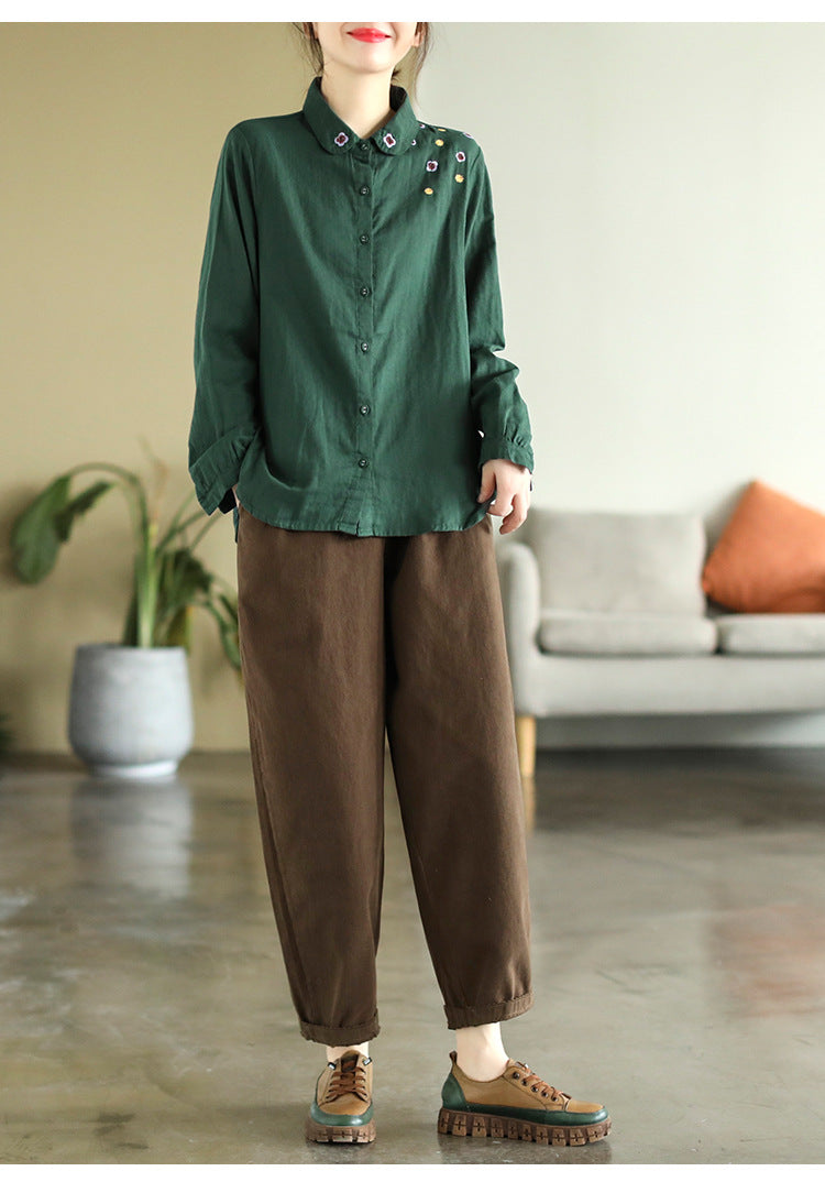 Art Vintage Double Layer Cotton Long Sleeve Floral Embroidery Shirt