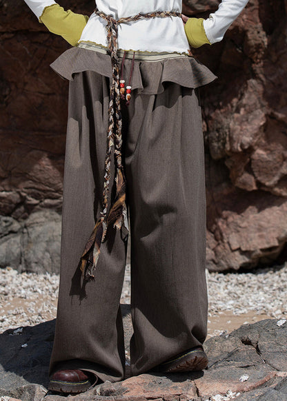 Plus Size Brown Knit Patchwork Elastic Waist Wide Leg Pants Fall