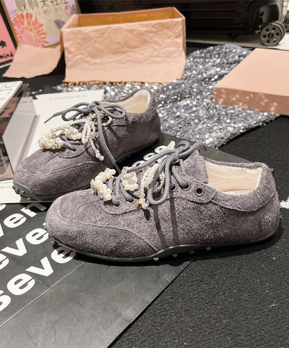 Chic Splicing Flats Purple Suede Lace Up Pearl Zircon