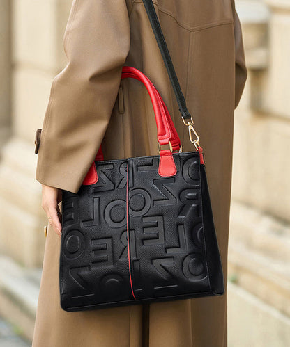 Classy Black Letter Embossed Calf Leather Tote Bag